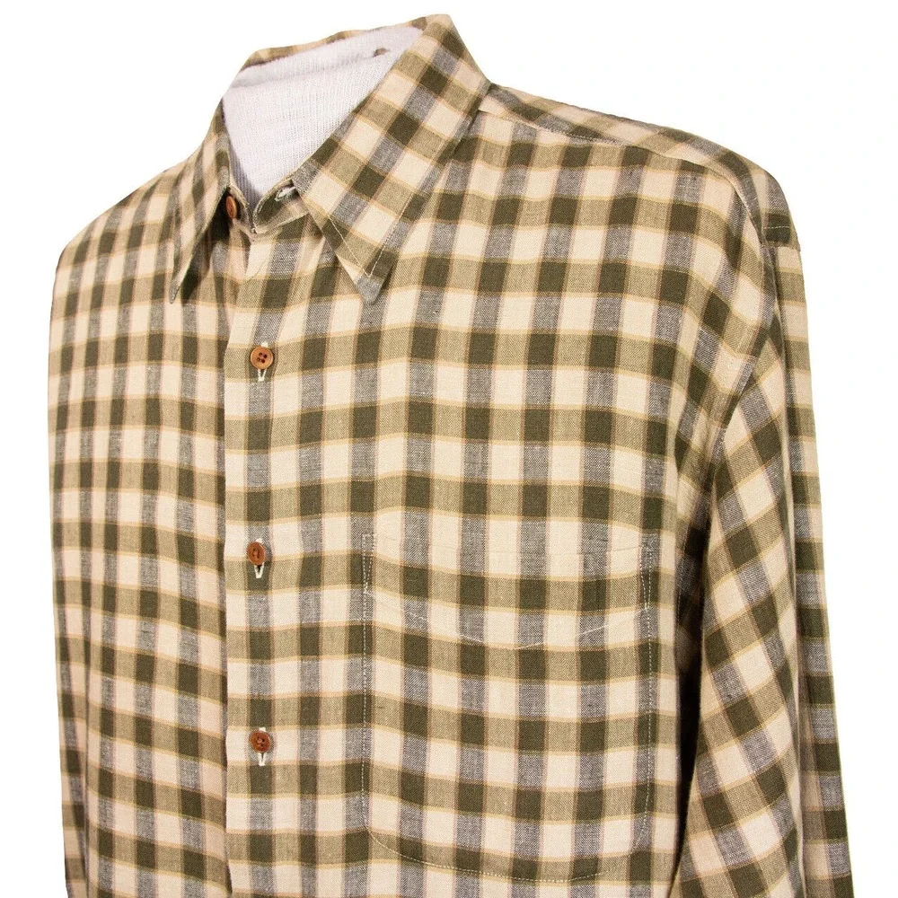 J Crew 100% Linen Mens L Brown Plaid Check LS Button Front‎ Shirt